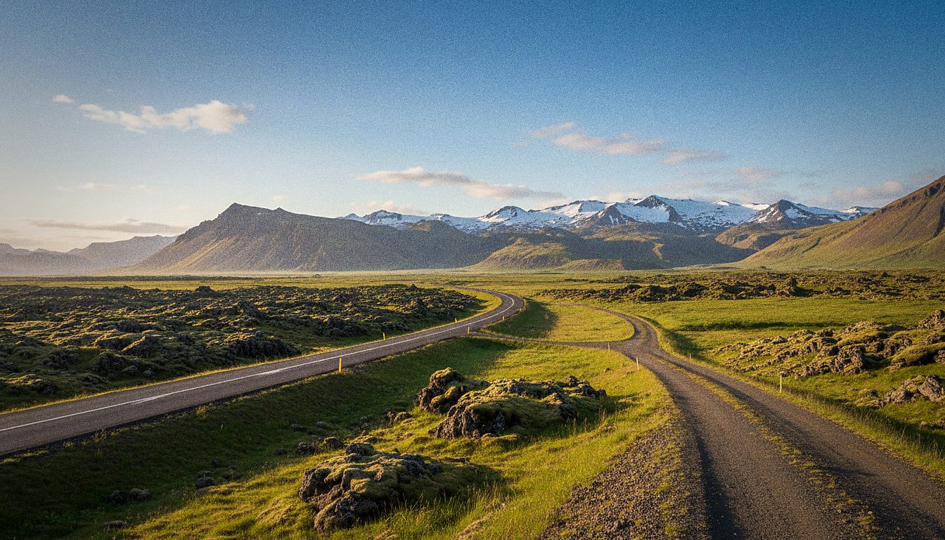 Icelandic countryside with mountains and a gravel side road off the Ring Road