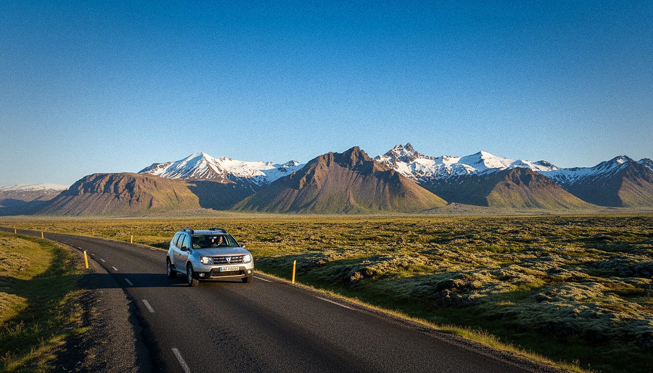 Rental car driving on Iceland's Ring Road with mountains in the background