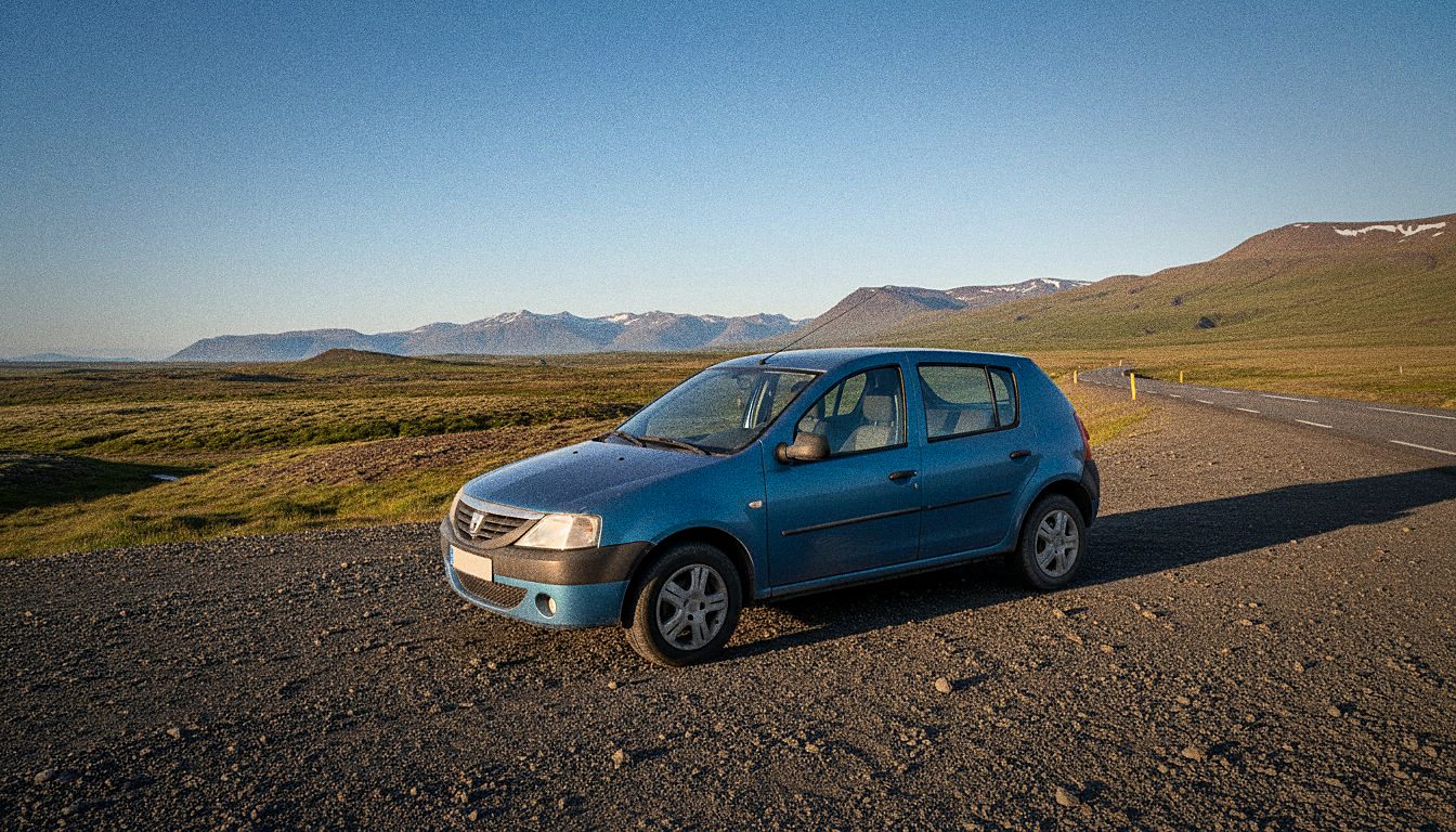 Older compact rental car parked on a gravel roadside during a budget Iceland road trip