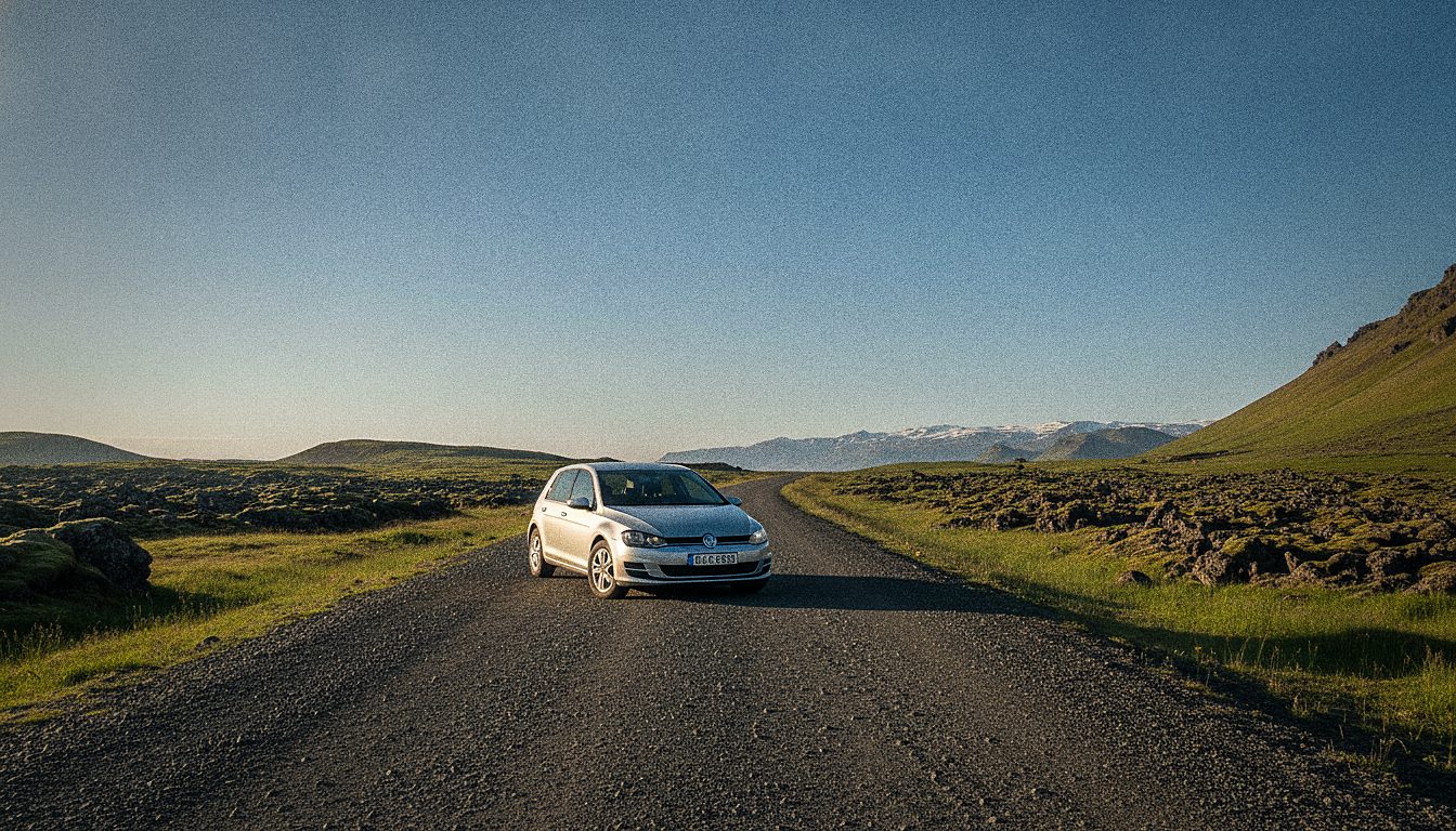 Compact economy rental car parked on a quiet street in Iceland