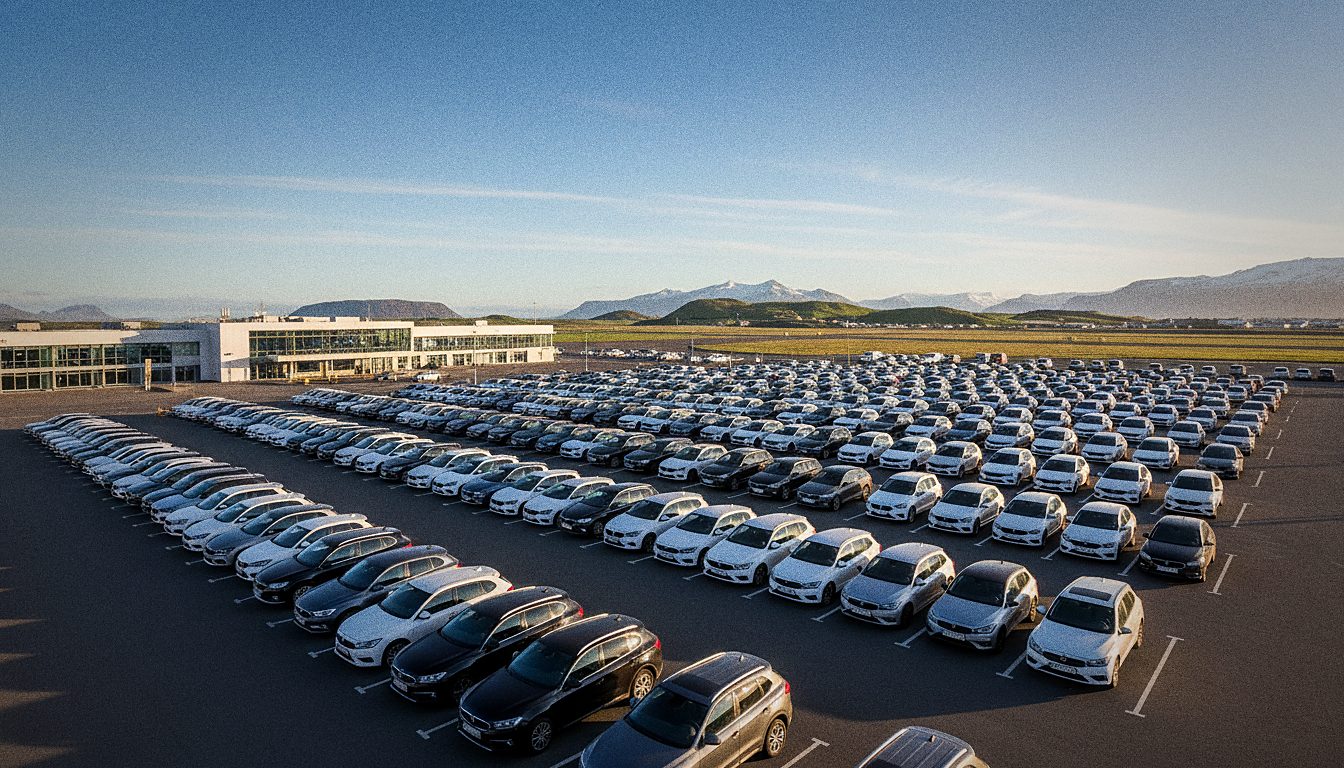 Large fleet of modern rental cars parked in neat rows at an airport in Iceland