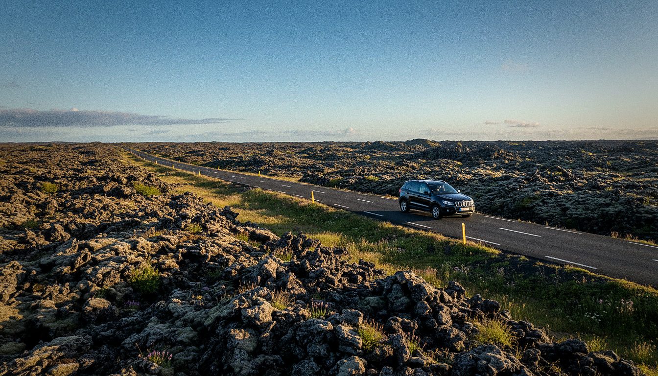 Rental car driving on a paved road through a black lava field in Iceland