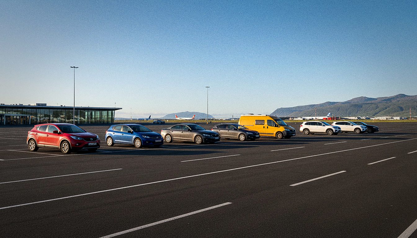 Several different rental cars of various colors parked side by side in an airport parking area, ready for comparison