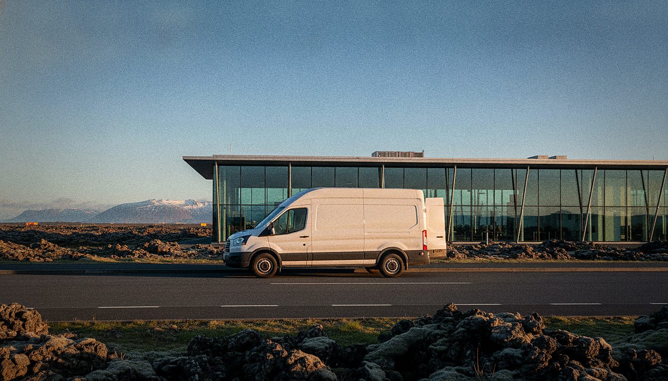 Rental car pickup shuttle van waiting outside an airport terminal in Iceland