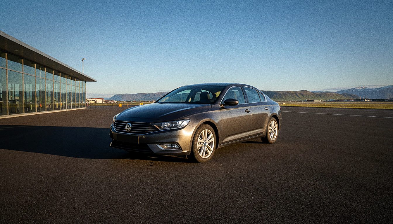 Modern sedan rental car parked on tarmac near an airport terminal